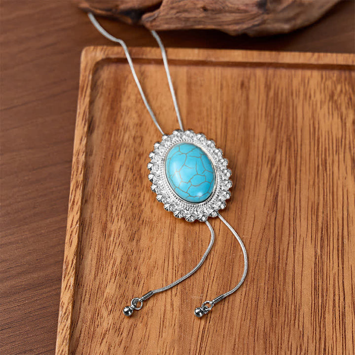 Große ovale Bolo-Halskette aus Türkis mit Desert Concho-Motiv in Y-Form - Silber - image 4