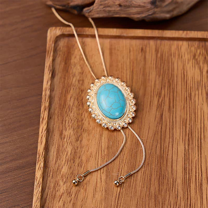 Große ovale Bolo-Halskette aus Türkis mit Desert Concho-Motiv in Y-Form - Gold - image 0