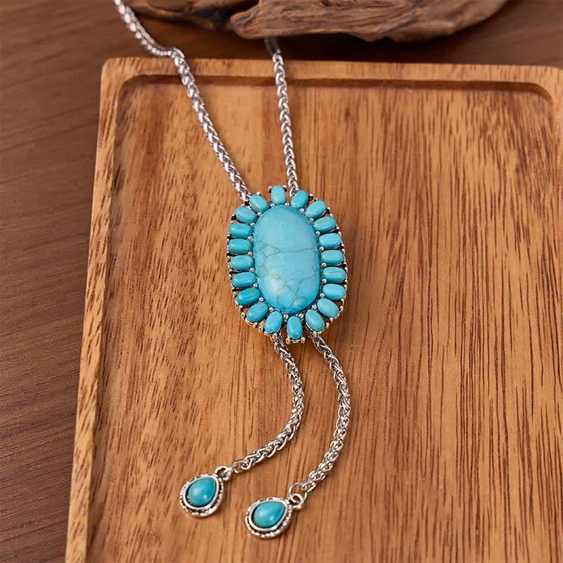 Boho-Bolo-Halskette mit ovalem Türkisanhänger in Y-Form und zwei tropfenförmigen Anhängern - Silber - image 0