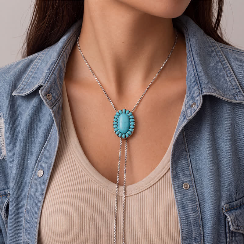 Boho-Bolo-Halskette mit ovalem Türkisanhänger in Y-Form und zwei tropfenförmigen Anhängern - image 1