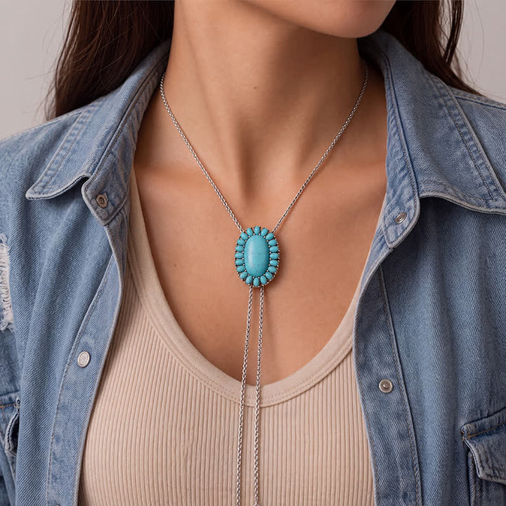 Boho-Bolo-Halskette mit ovalem Türkisanhänger in Y-Form und zwei tropfenförmigen Anhängern - image 1