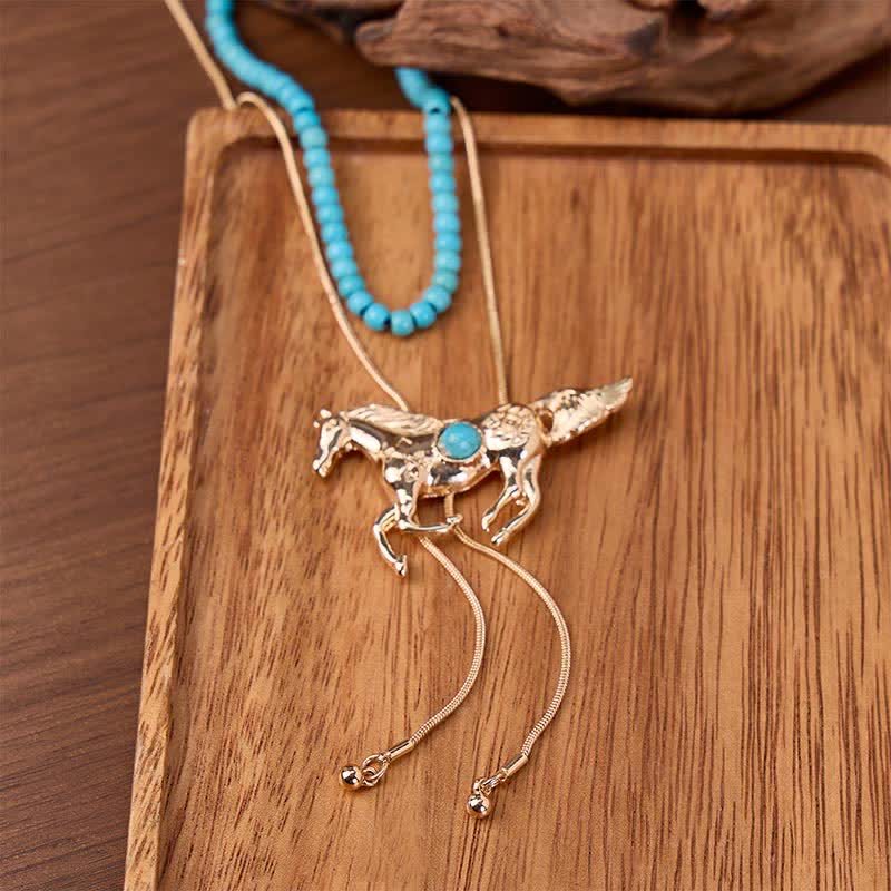 Wild Spirit Horse 2-lagige, perlenbesetzte Bolo-Halskette in Y-Form - Gold - image 0