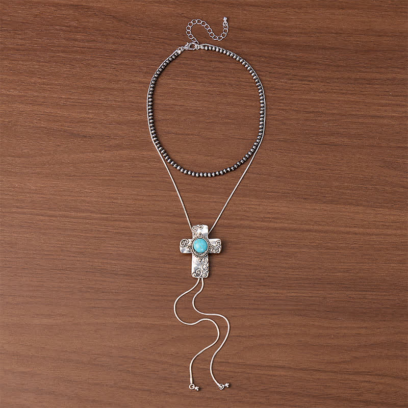 Faith In The West 2-in-1 Türkiskreuz & Perlen-Bolo-Halskette in Y-Form - image 3