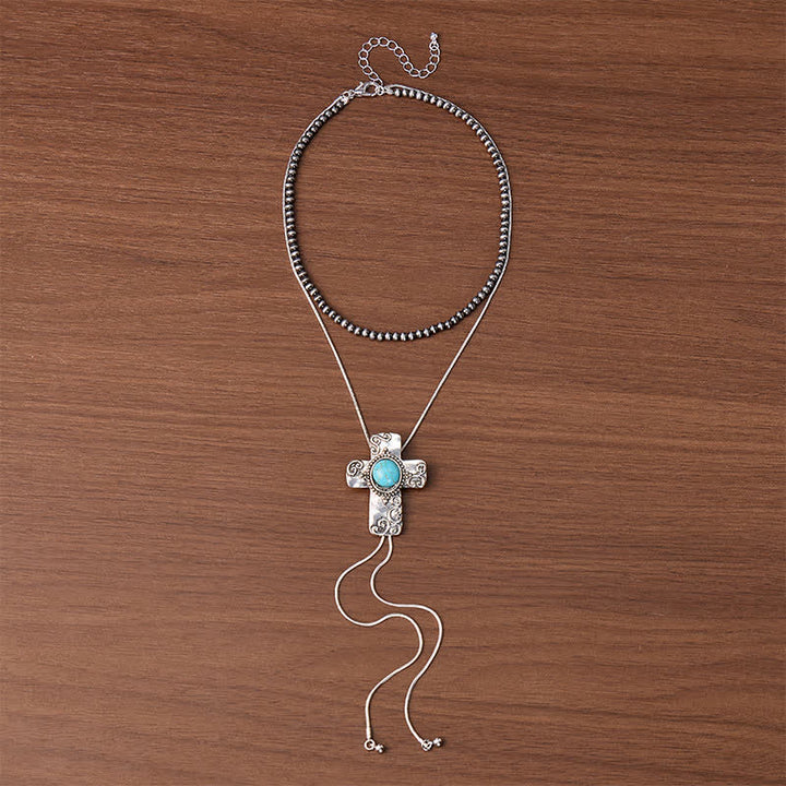 Faith In The West 2-in-1 Türkiskreuz & Perlen-Bolo-Halskette in Y-Form - image 3