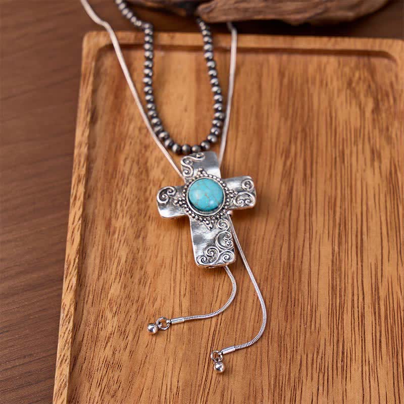 Faith In The West 2-in-1 Türkiskreuz & Perlen-Bolo-Halskette in Y-Form - Silber - image 0