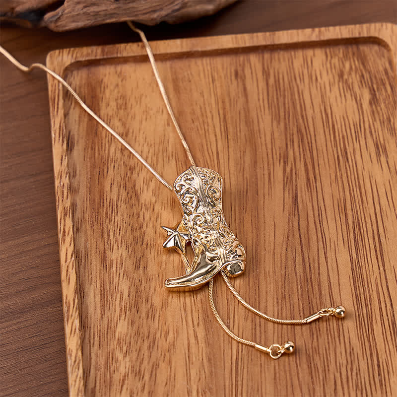 Cowboy-Stiefel mit sternförmiger, verstellbarer Bolo-Halskette in Y-Form - Gold - image 0