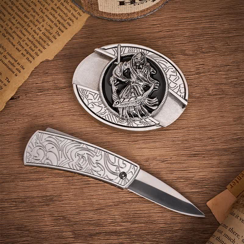 Death Skeleton Warrior DIY Verstecktes Klappmesser Schnalle Ledergürtel - image 1