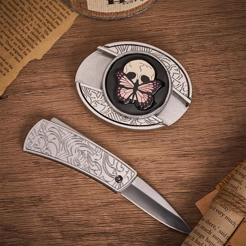 Leben & Tod Schmetterlingsschädel DIY Verstecktes Klappmesser Schnalle Ledergürtel - image 1