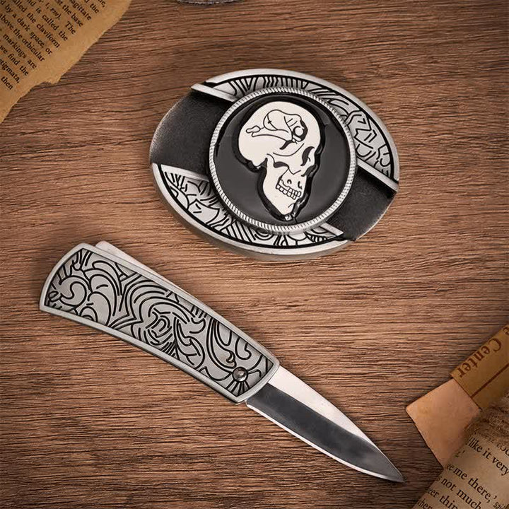Der Traum vom Totenkopf Surrealistische Kunst DIY Verstecktes Klappmesser Schnalle Ledergürtel - image 1