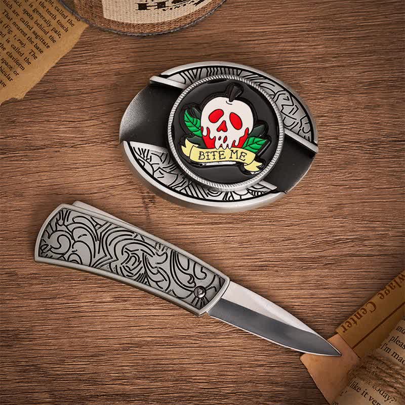 "BEISS MICH" Giftapfelschädel DIY Verstecktes Klappmesser Schnalle Ledergürtel - image 1