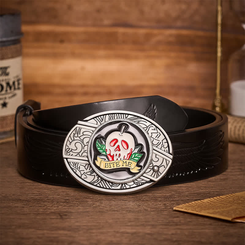 "BEISS MICH" Giftapfelschädel DIY Verstecktes Klappmesser Schnalle Ledergürtel - Totenkopf und Apfel - Schwarzer Gürtel mit Adlerprägung - 42 - image 2