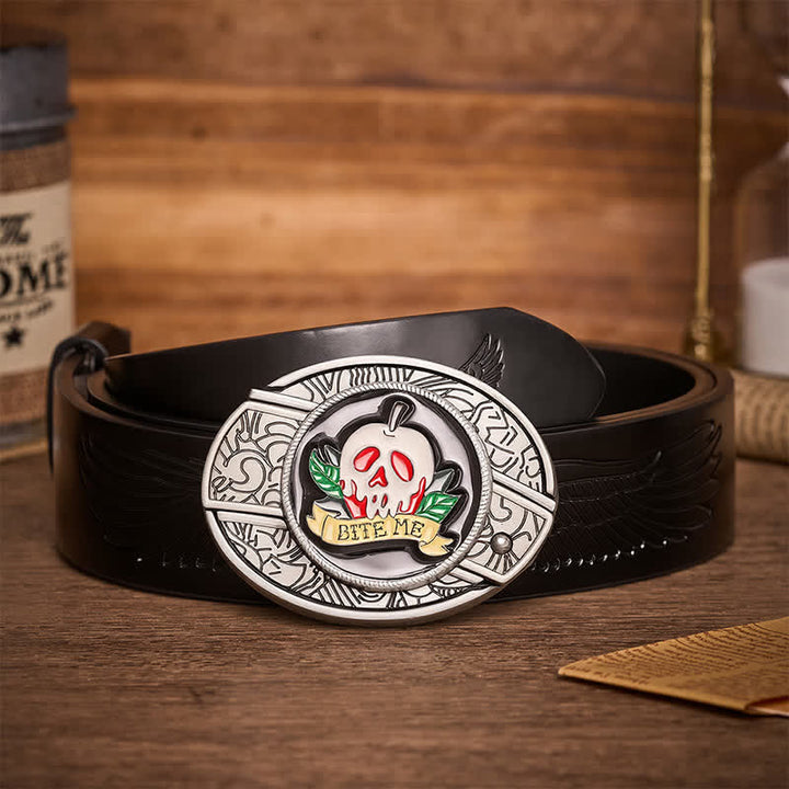 "BEISS MICH" Giftapfelschädel DIY Verstecktes Klappmesser Schnalle Ledergürtel - Totenkopf und Apfel - Schwarzer Gürtel mit Adlerprägung - 42 - image 2