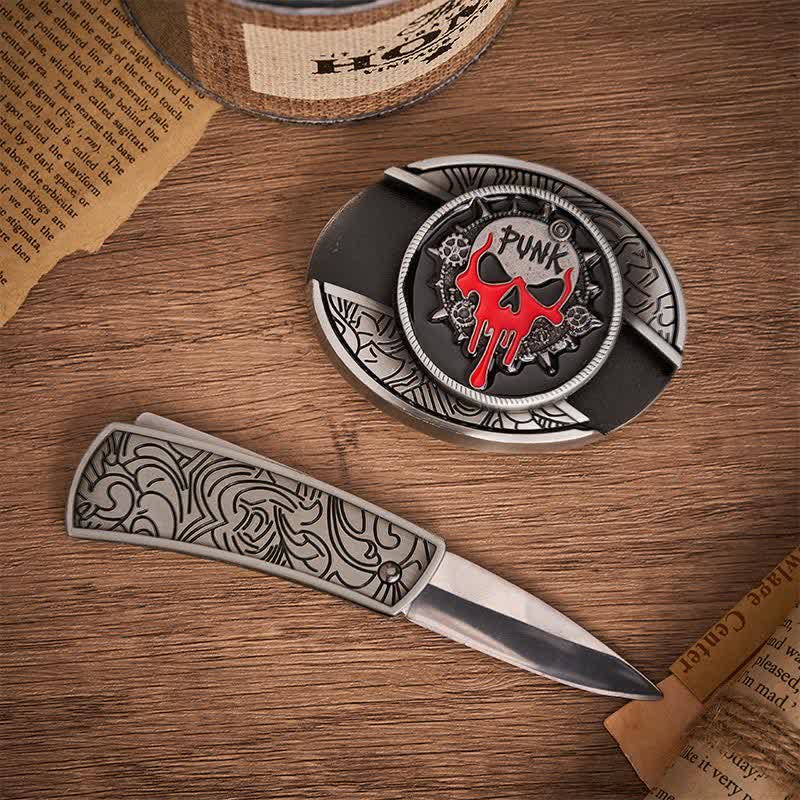 Blood Punk Totenkopf DIY Verstecktes Klappmesser Schnalle Ledergürtel - image 1