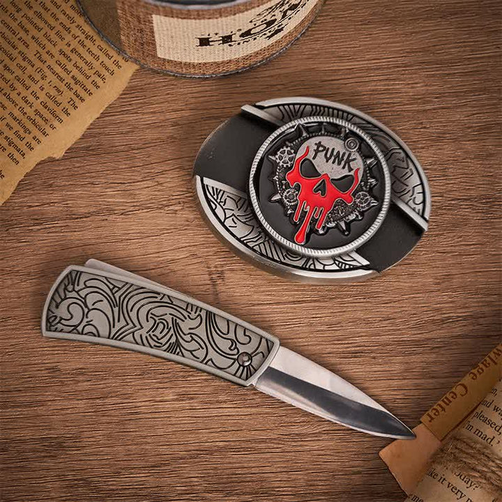 Blood Punk Totenkopf DIY Verstecktes Klappmesser Schnalle Ledergürtel - image 1