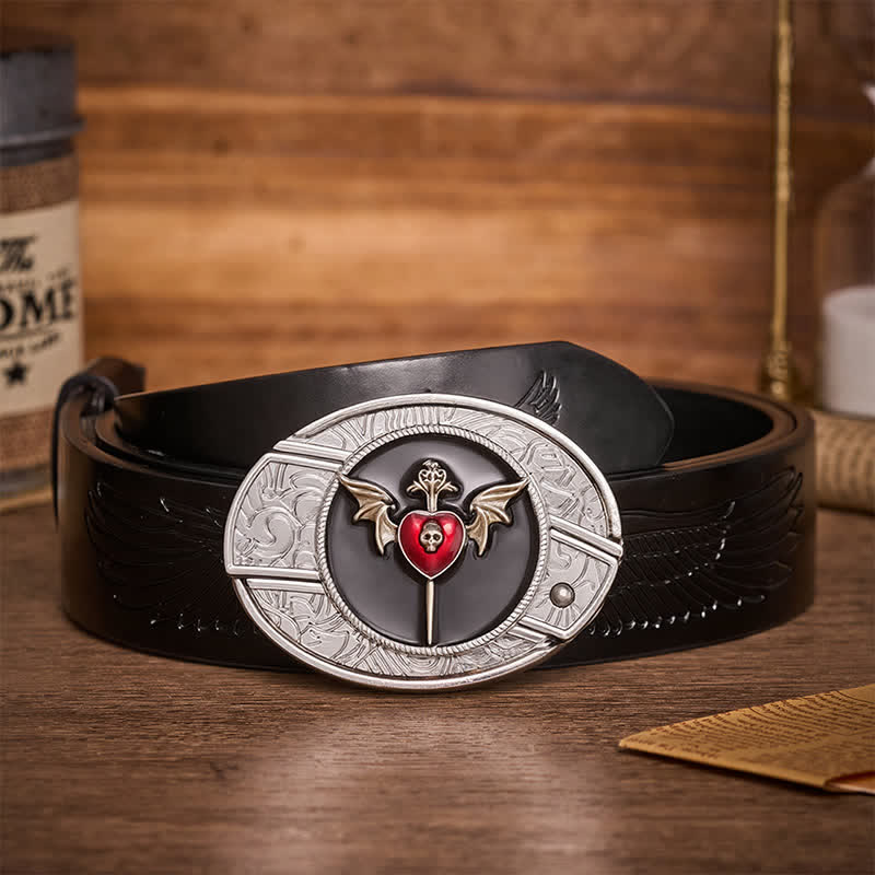 Fledermausflügel & Totenkopf-Vampirherz DIY Verstecktes Klappmesser Schnalle Ledergürtel - Fledermausherz - Schwarzer Gürtel mit Adlerprägung - 42 - image 2