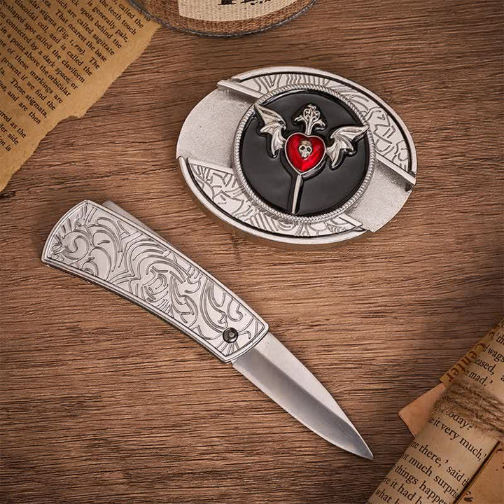 Fledermausflügel & Totenkopf-Vampirherz DIY Verstecktes Klappmesser Schnalle Ledergürtel - image 1