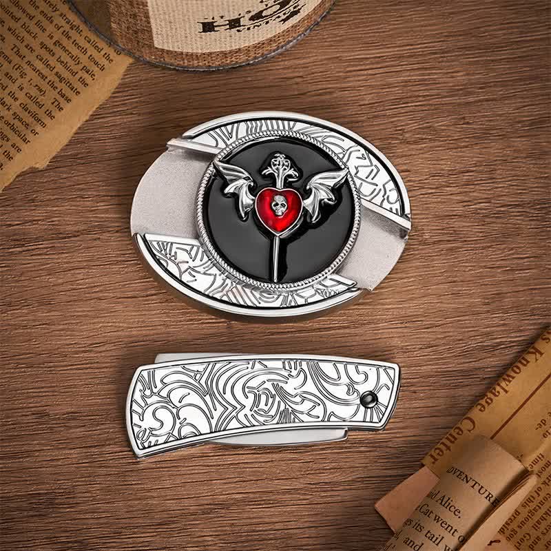 Fledermausflügel & Totenkopf-Vampirherz DIY Verstecktes Klappmesser Schnalle Ledergürtel - image 10