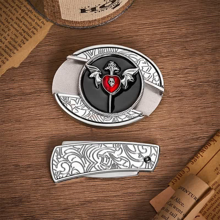 Fledermausflügel & Totenkopf-Vampirherz DIY Verstecktes Klappmesser Schnalle Ledergürtel - image 10