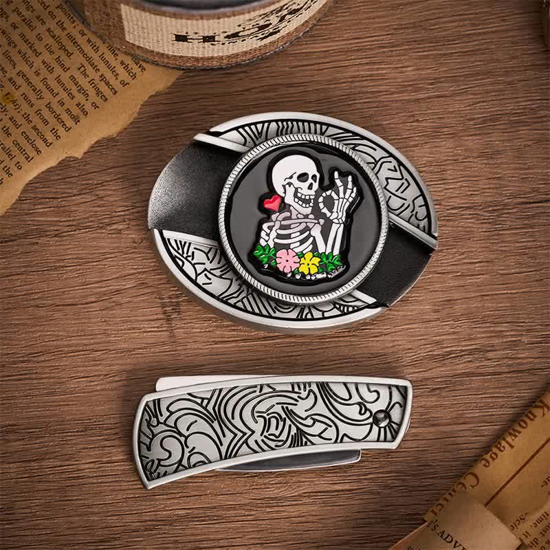 Okay Skelettblume DIY Verstecktes Klappmesser Schnalle Ledergürtel - image 10