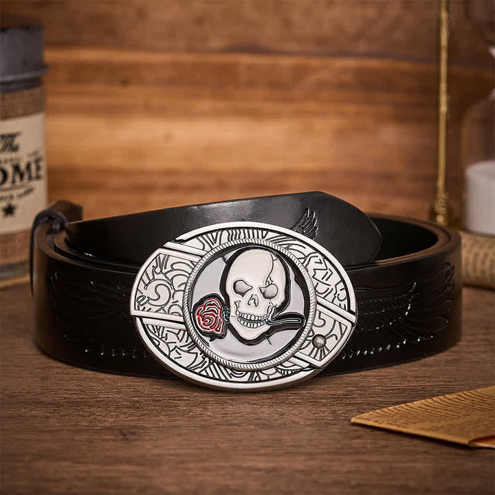 Gothic Totenkopf Rosenkuss DIY Verstecktes Klappmesser Schnalle Ledergürtel - Totenkopf-Rosenkuss - Schwarzer Gürtel mit Adlerprägung - 42 - image 2