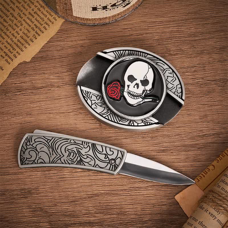 Gothic Totenkopf Rosenkuss DIY Verstecktes Klappmesser Schnalle Ledergürtel - image 1