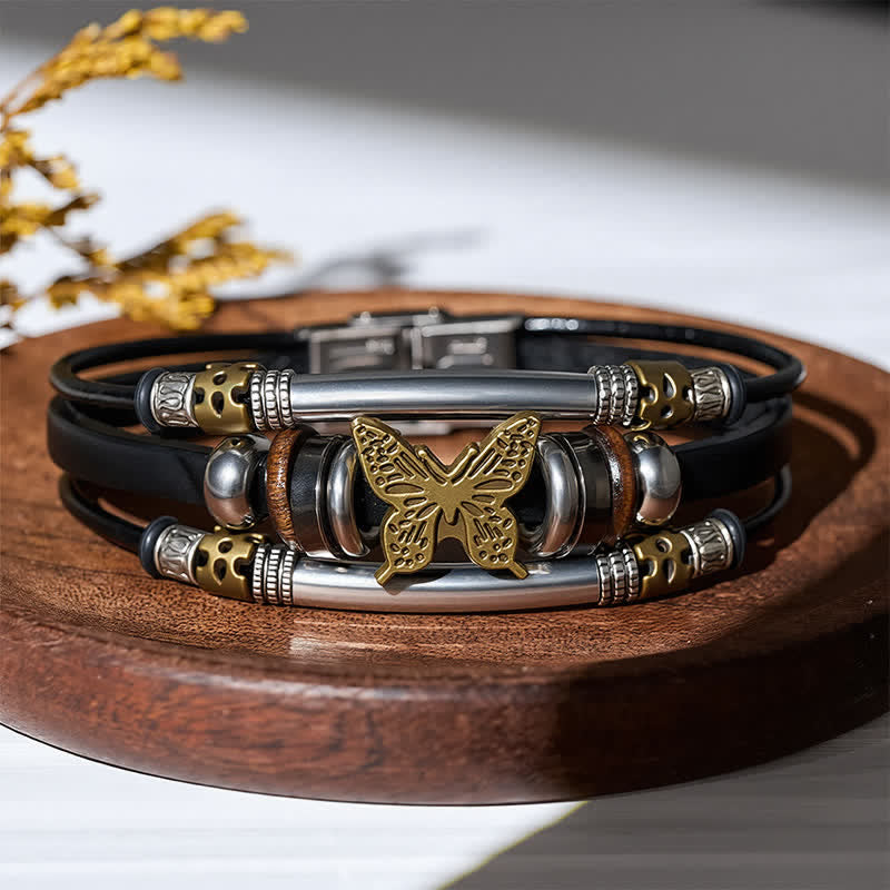 Vintage Schmetterlingsarmband aus Leder im Wikingerstil, mehrlagig - Schwarz & Bronze - image 0