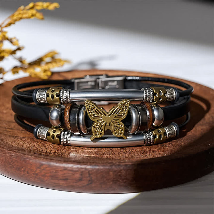 Vintage Schmetterlingsarmband aus Leder im Wikingerstil, mehrlagig - Schwarz & Bronze - image 0