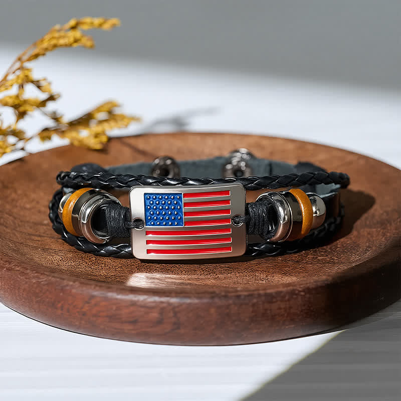 Vintage-Armband aus Leder mit verstellbarem Druckknopfverschluss und USA-Flagge - Schwarz - image 0