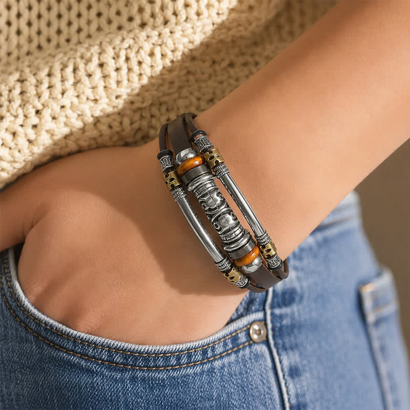 Punk Retro hohles Armband aus Legierungsperlen und Leder, mehrsträngig - image 1