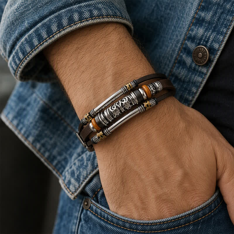 Punk Retro hohles Armband aus Legierungsperlen und Leder, mehrsträngig - image 2