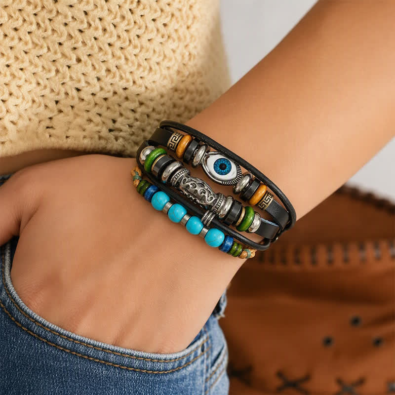 Bohemian Mehrlagiges Vintage-Ethno-Stapelarmband aus Leder - image 5