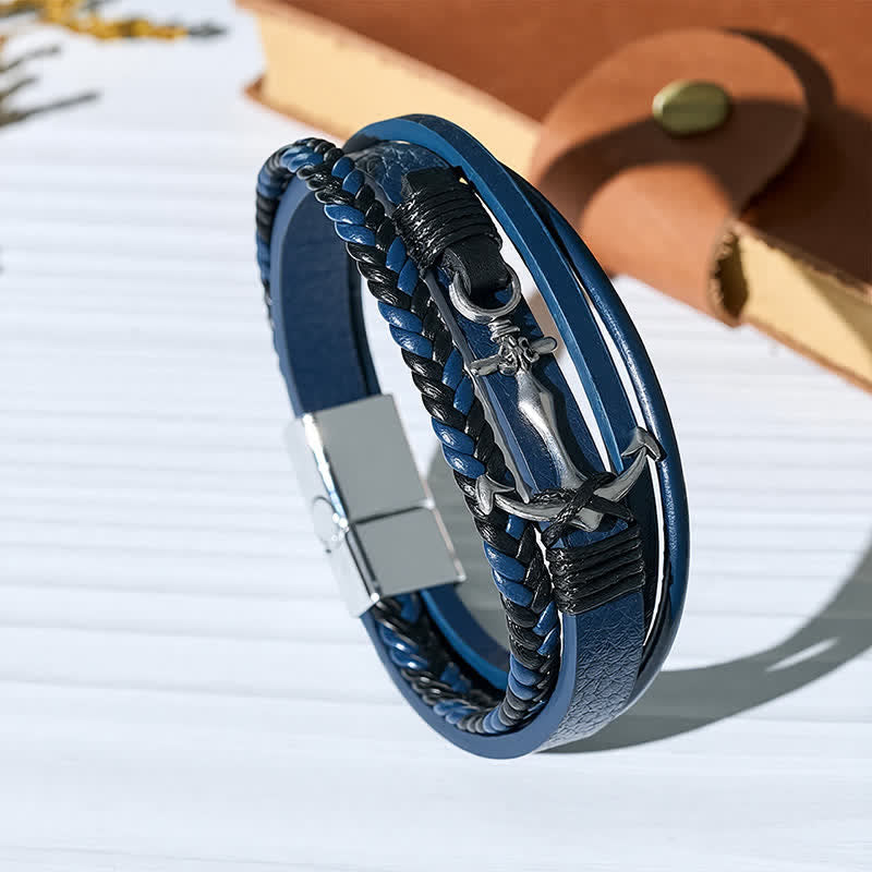 Nautisches Anker-Lederarmband mit verstellbarem Druckknopf - Marineblau - image 3