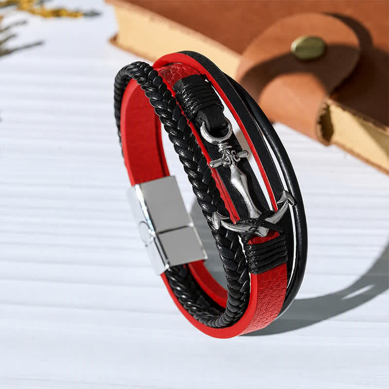 Nautisches Anker-Lederarmband mit verstellbarem Druckknopf - Rot - image 9