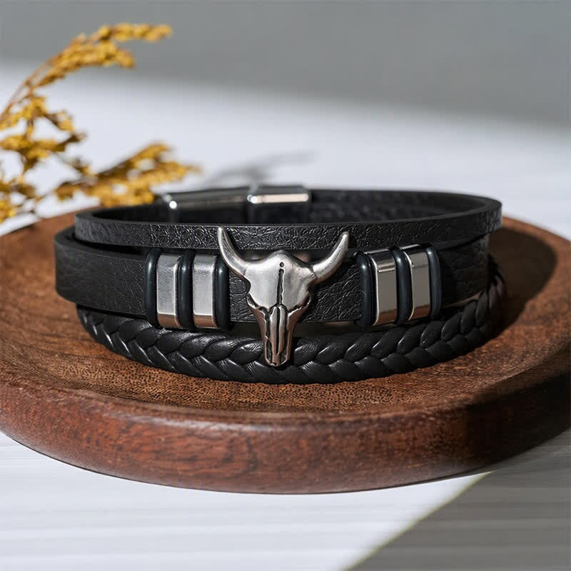 Western Cowboy Stierkopf Mehrlagiges geflochtenes Lederarmband - Schwarz - image 0