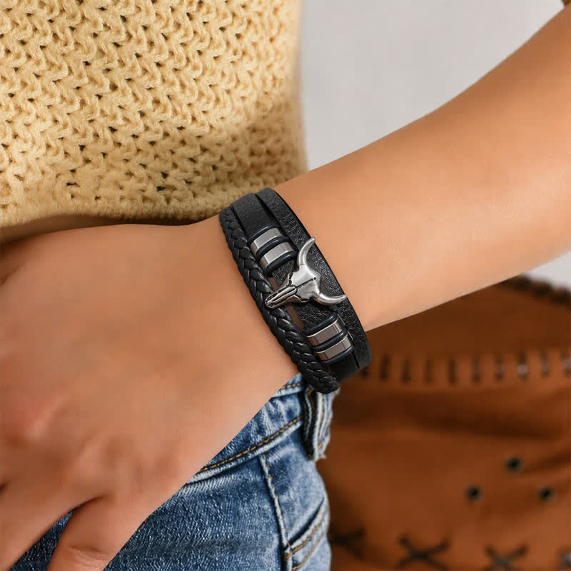 Western Cowboy Stierkopf Mehrlagiges geflochtenes Lederarmband - image 2