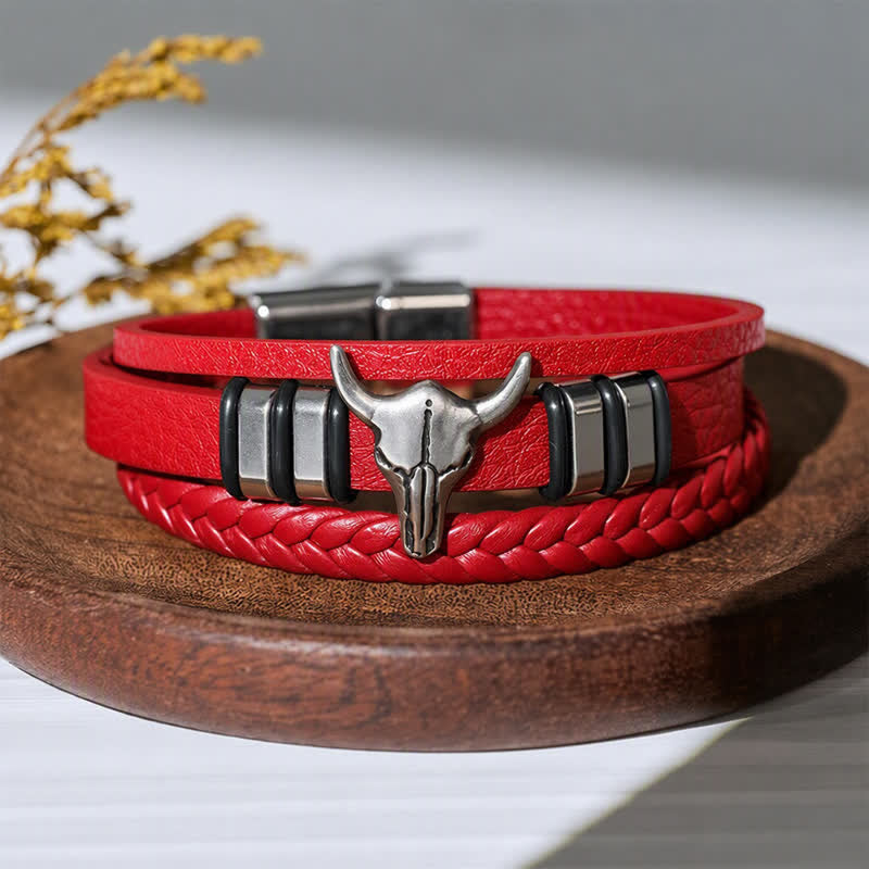 Western Cowboy Stierkopf Mehrlagiges geflochtenes Lederarmband - Rot - image 8