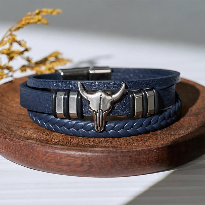 Western Cowboy Stierkopf Mehrlagiges geflochtenes Lederarmband - Königsblau - image 7