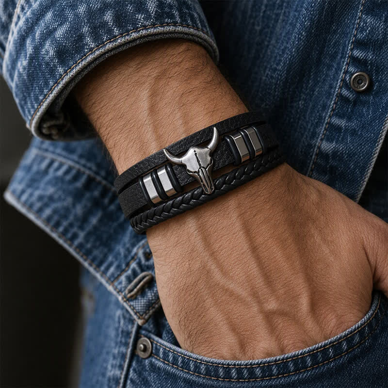 Western Cowboy Stierkopf Mehrlagiges geflochtenes Lederarmband - image 1