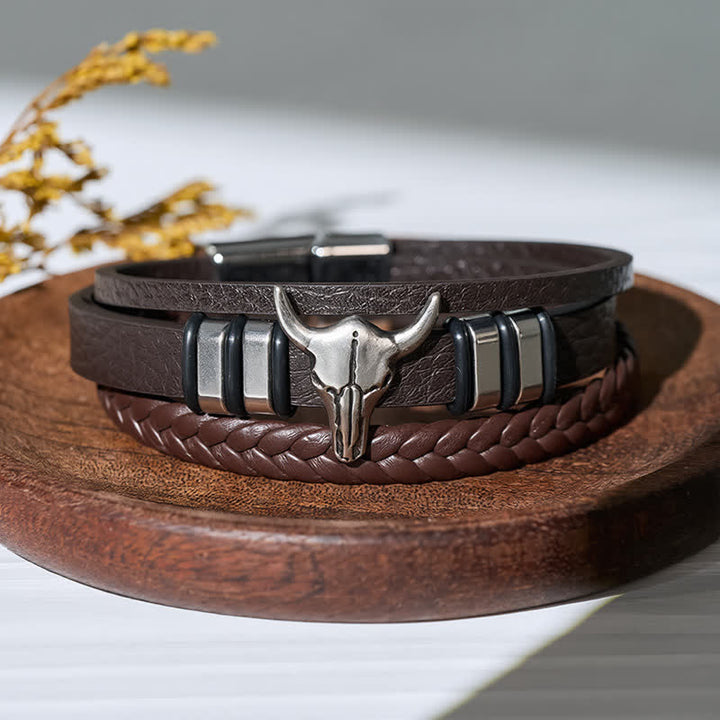 Western Cowboy Stierkopf Mehrlagiges geflochtenes Lederarmband - Kaffee - image 3