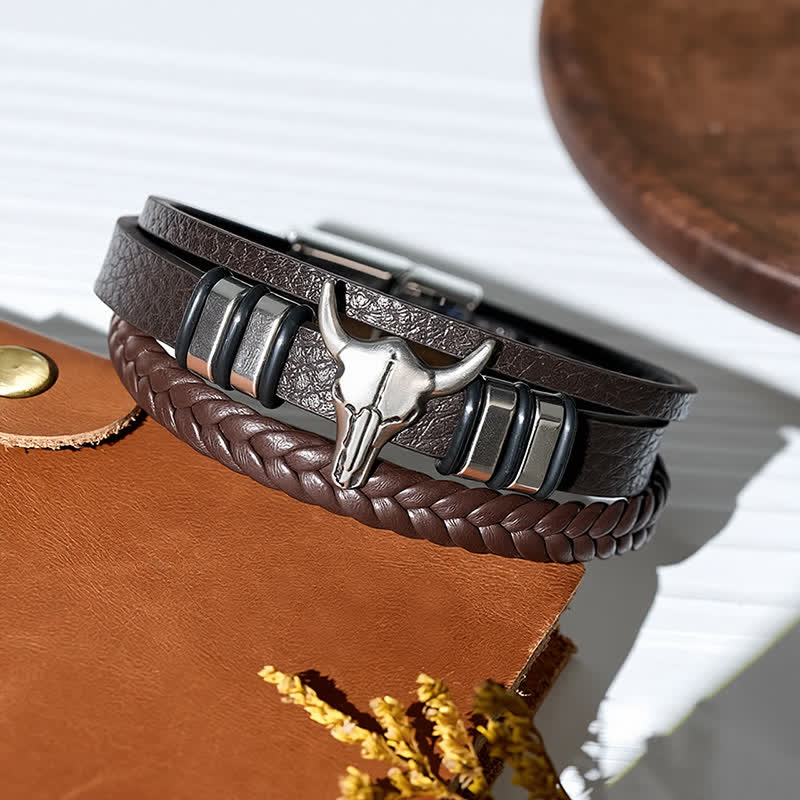 Western Cowboy Stierkopf Mehrlagiges geflochtenes Lederarmband - image 5