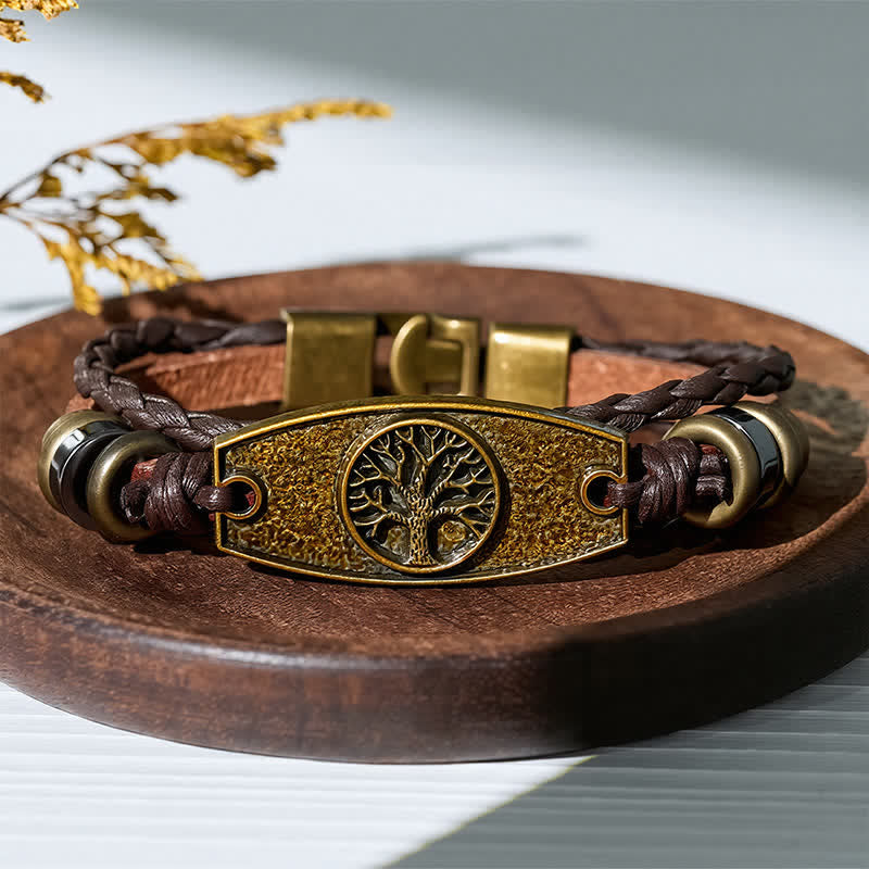 Antikes bronzefarbenes Vintage-Armband aus mehrlagigem geflochtenem Leder - Baum des Lebens - image 9