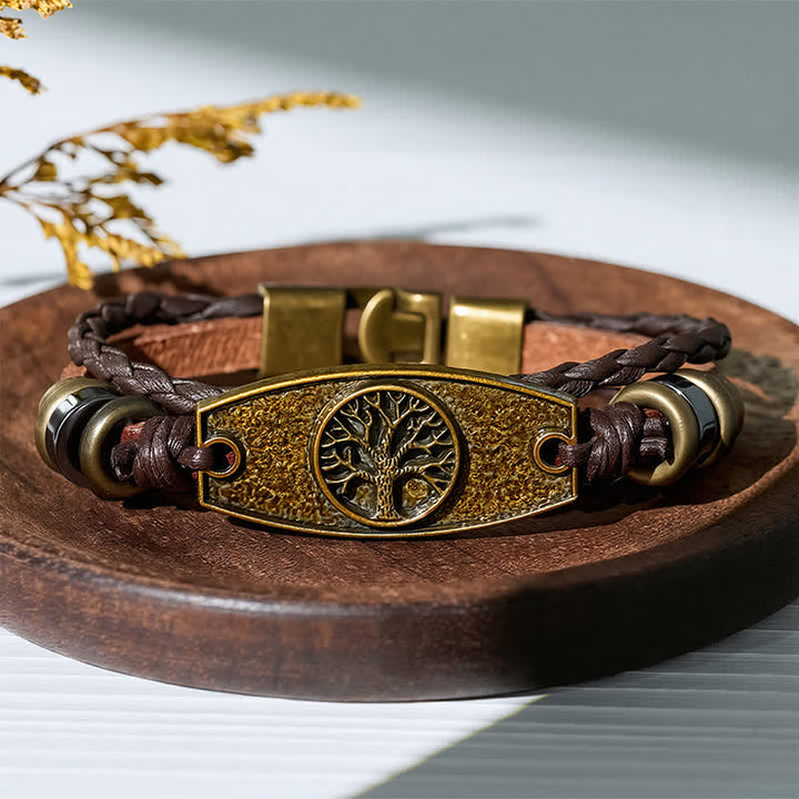 Antikes bronzefarbenes Vintage-Armband aus mehrlagigem geflochtenem Leder - Baum des Lebens - image 9