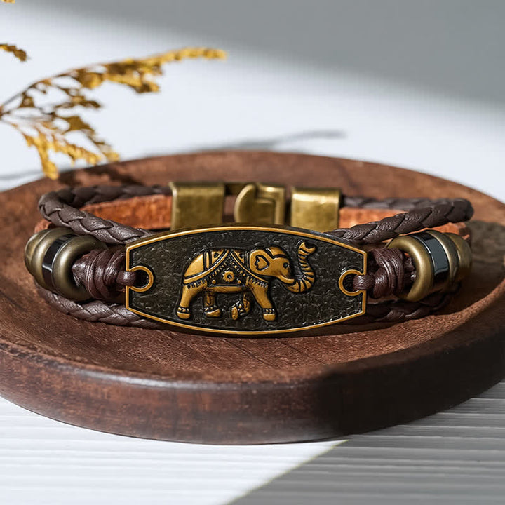 Antikes bronzefarbenes Vintage-Armband aus mehrlagigem geflochtenem Leder - Elefant - image 10