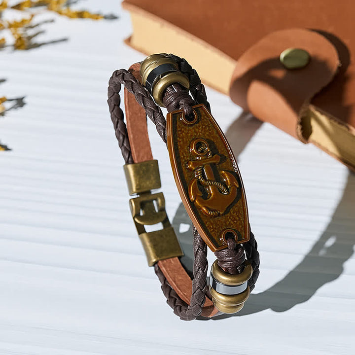 Antikes bronzefarbenes Vintage-Armband aus mehrlagigem geflochtenem Leder - Anker - image 0