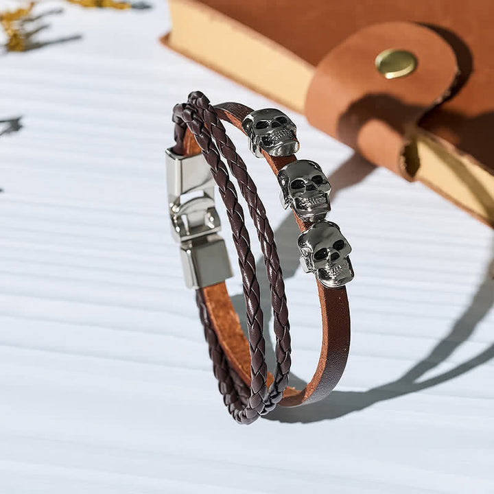 Doppellagiges geflochtenes Totenkopf-Lederarmband im Vintage-Punk-Stil - Braun - image 0