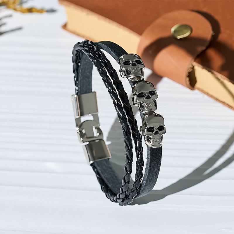 Doppellagiges geflochtenes Totenkopf-Lederarmband im Vintage-Punk-Stil - Schwarz - image 3