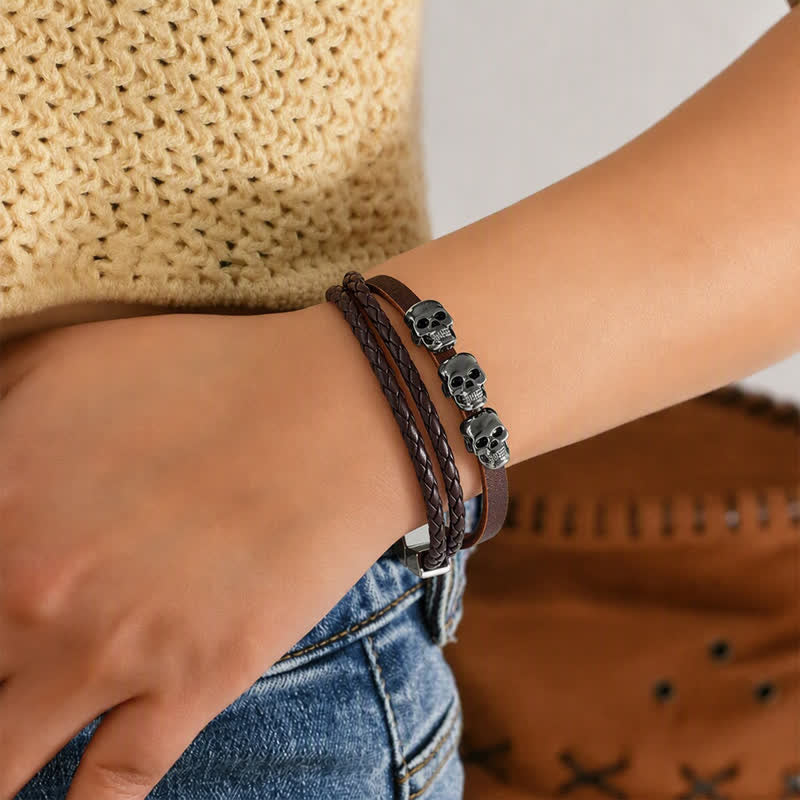 Doppellagiges geflochtenes Totenkopf-Lederarmband im Vintage-Punk-Stil - image 1
