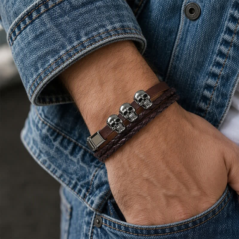 Doppellagiges geflochtenes Totenkopf-Lederarmband im Vintage-Punk-Stil - image 2