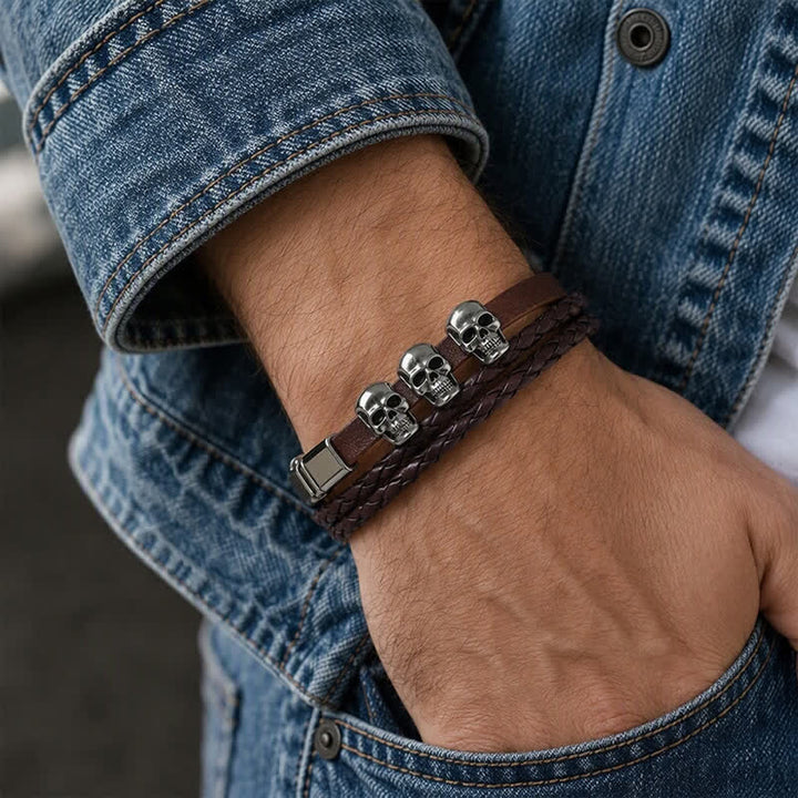 Doppellagiges geflochtenes Totenkopf-Lederarmband im Vintage-Punk-Stil - image 2