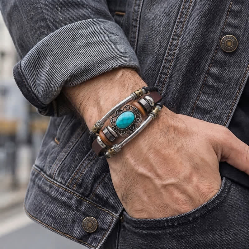 Handgefertigtes geflochtenes Boho-Lederarmband mit Türkisanhänger - image 1
